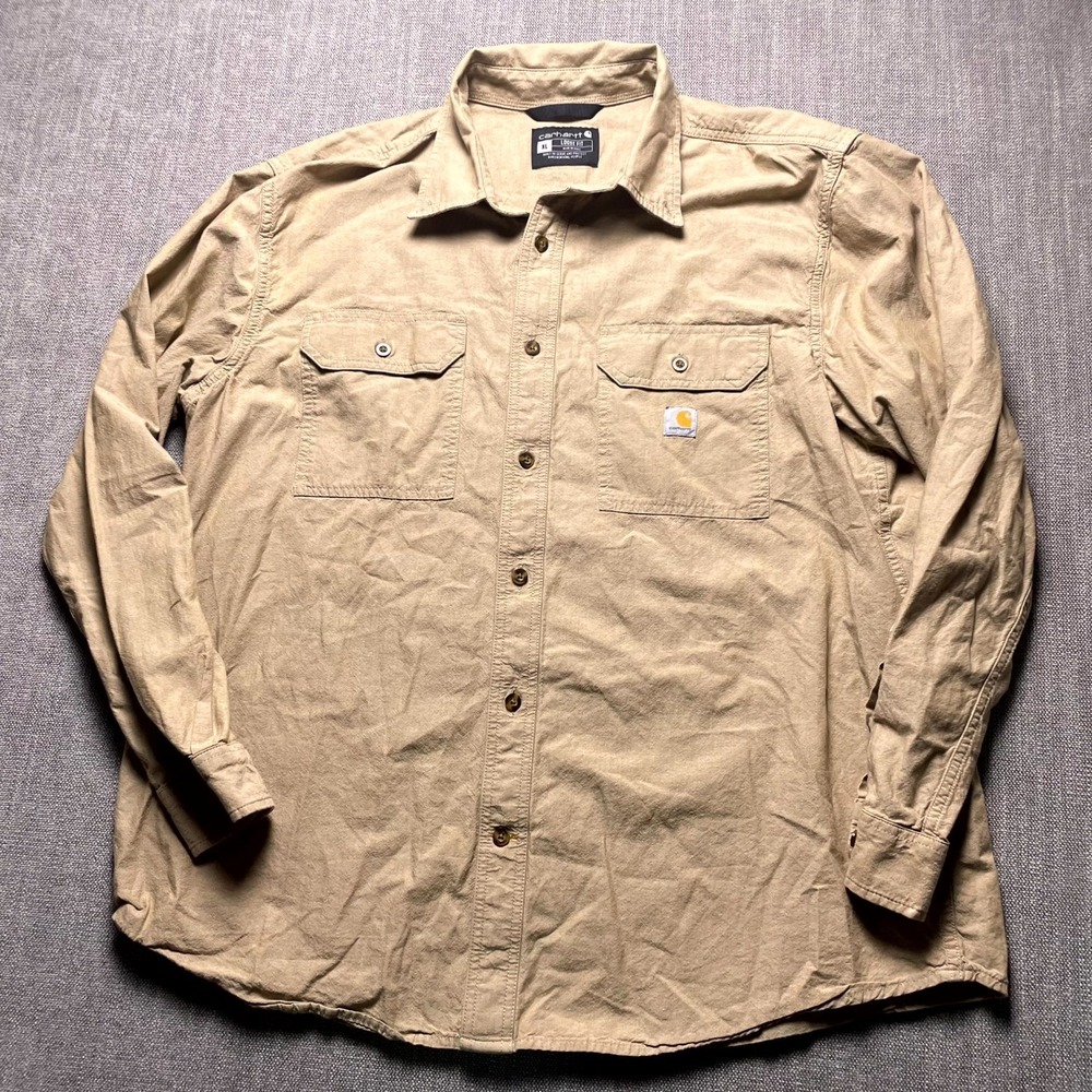 Carhartt Mens XL Beige Chambray Shirt Loose Fit Workwear Button Up Long Sleeve